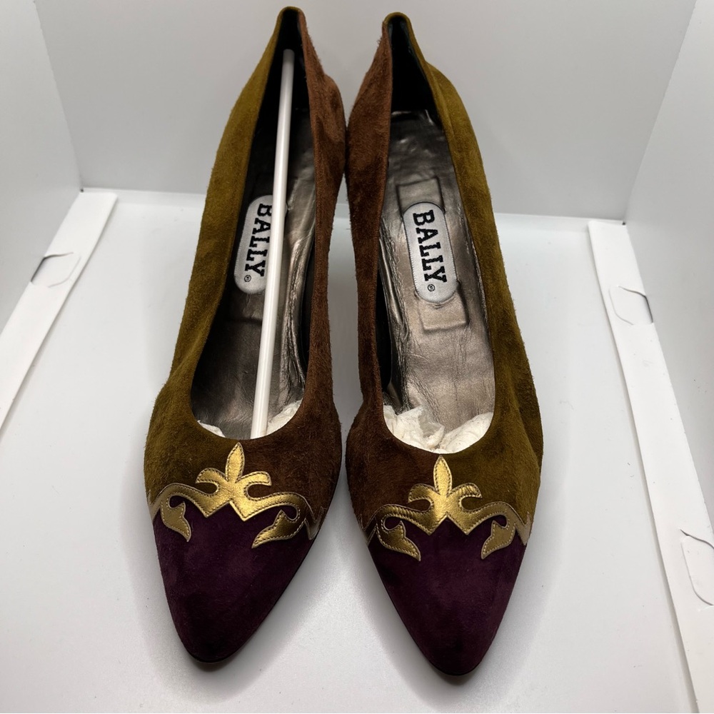Vintage Bally Suede Multicolour Heels shoes Gold Pointed Toe Italy Rosalyn Pumps - Picture 5 of 12